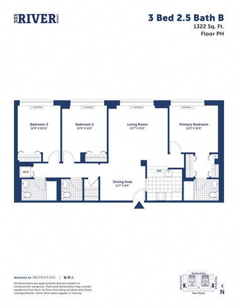 the floor plan of 3 bed 2 bath b from the river